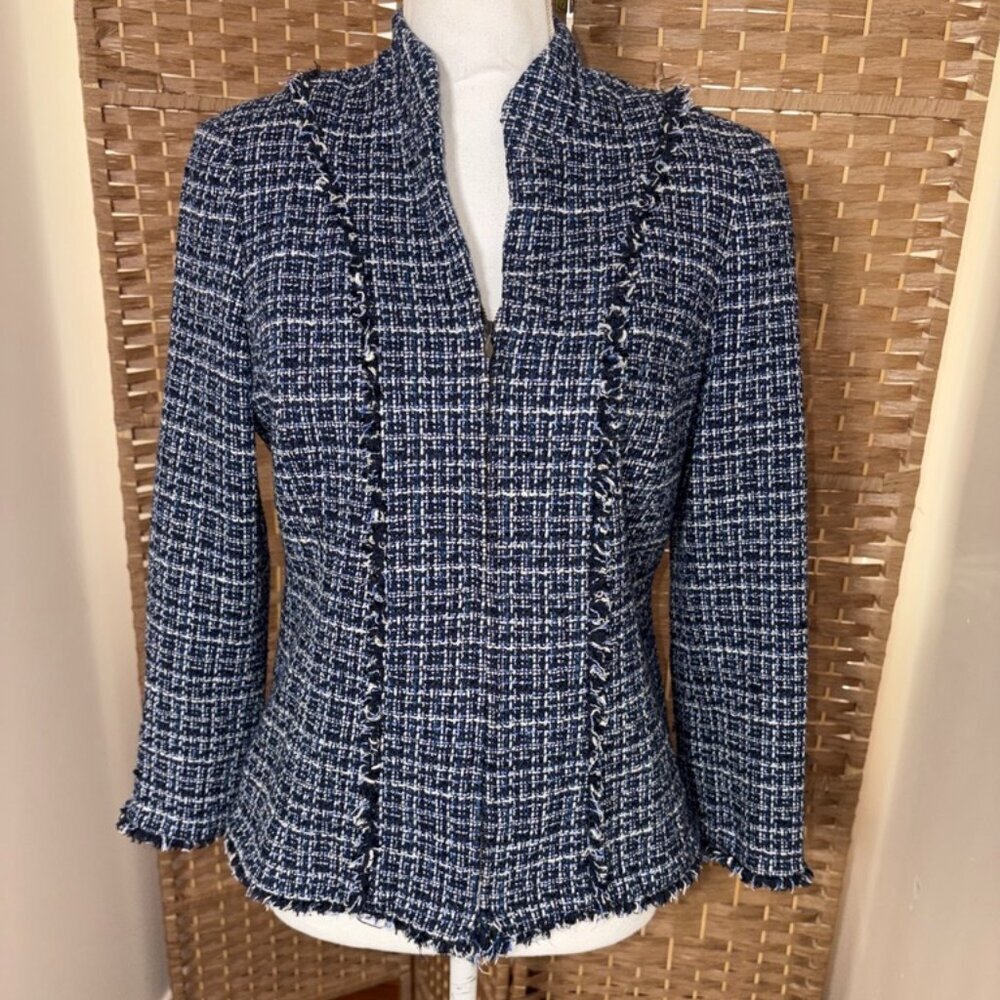 Women's CARLISLE Navy Black Tweed Zip Fringe Blazer Jacket size 8 Timeless